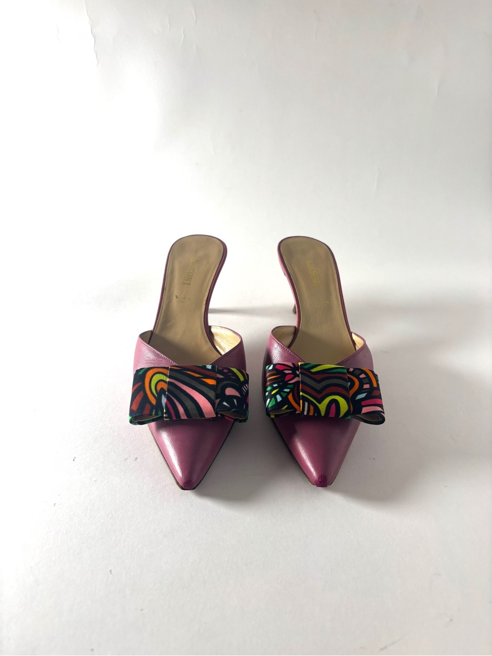 Missoni Pink Pointed-Toe Mules with Multicolor Bow